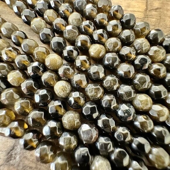 4mm Faceted Gold Sheen Obsidian Bead Strand - Picture 2 of 4